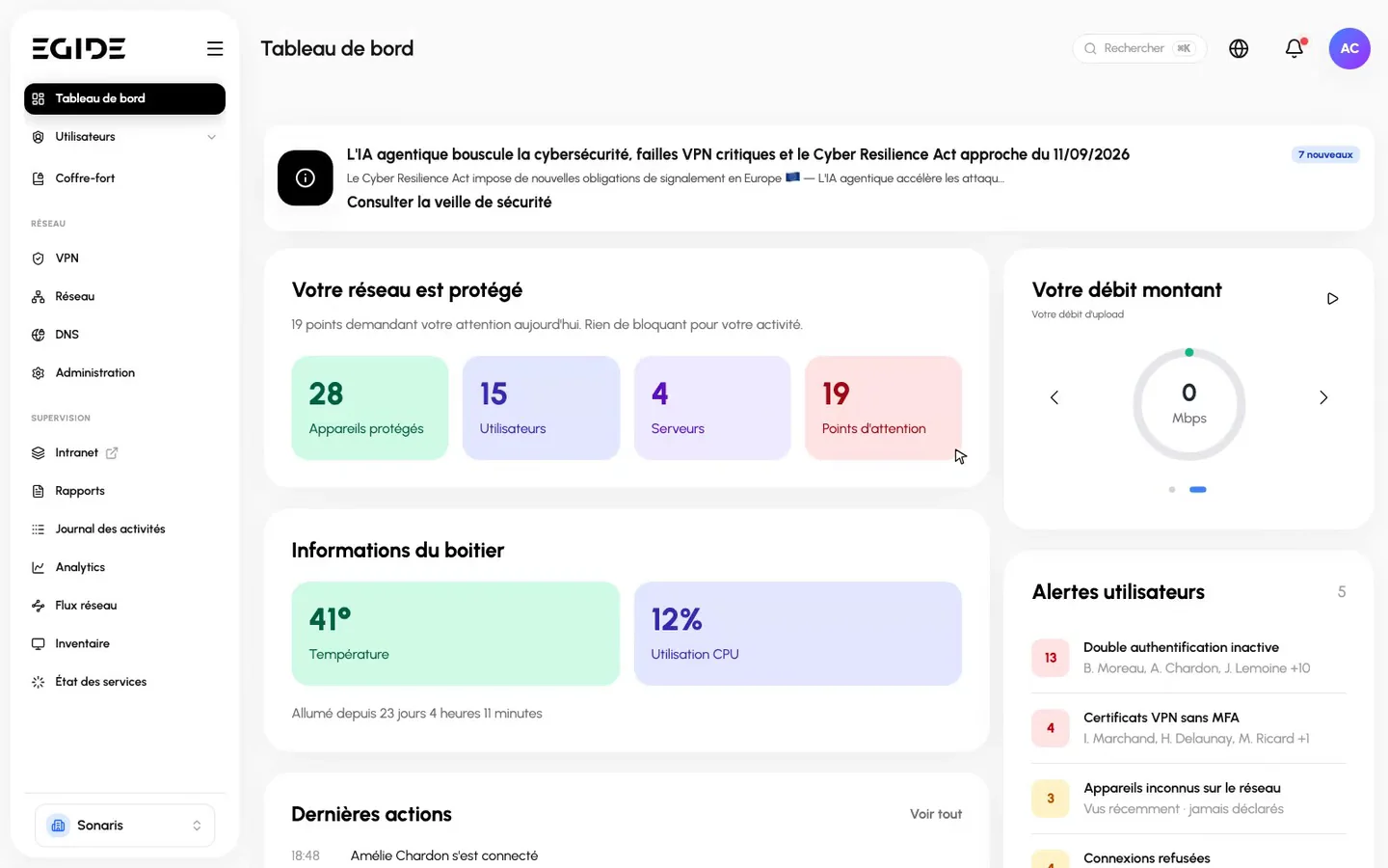 Parcours du tableau de bord Egide : supervision du réseau, coffre-fort, inventaire du parc et certificats VPN