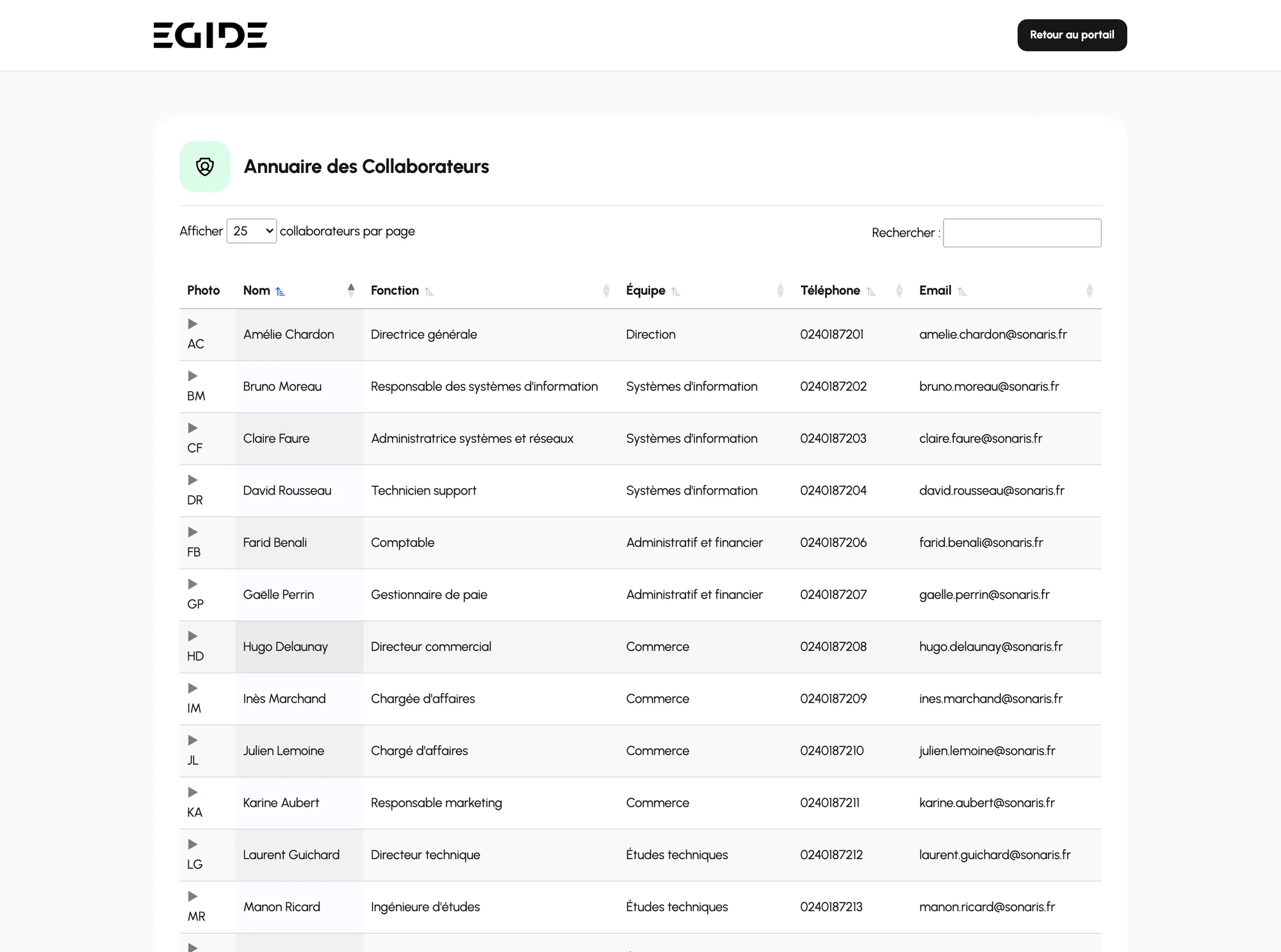 Annuaire des collaborateurs dans le portail Egide : photo, fonction, équipe, téléphone et e-mail de chaque collaborateur
