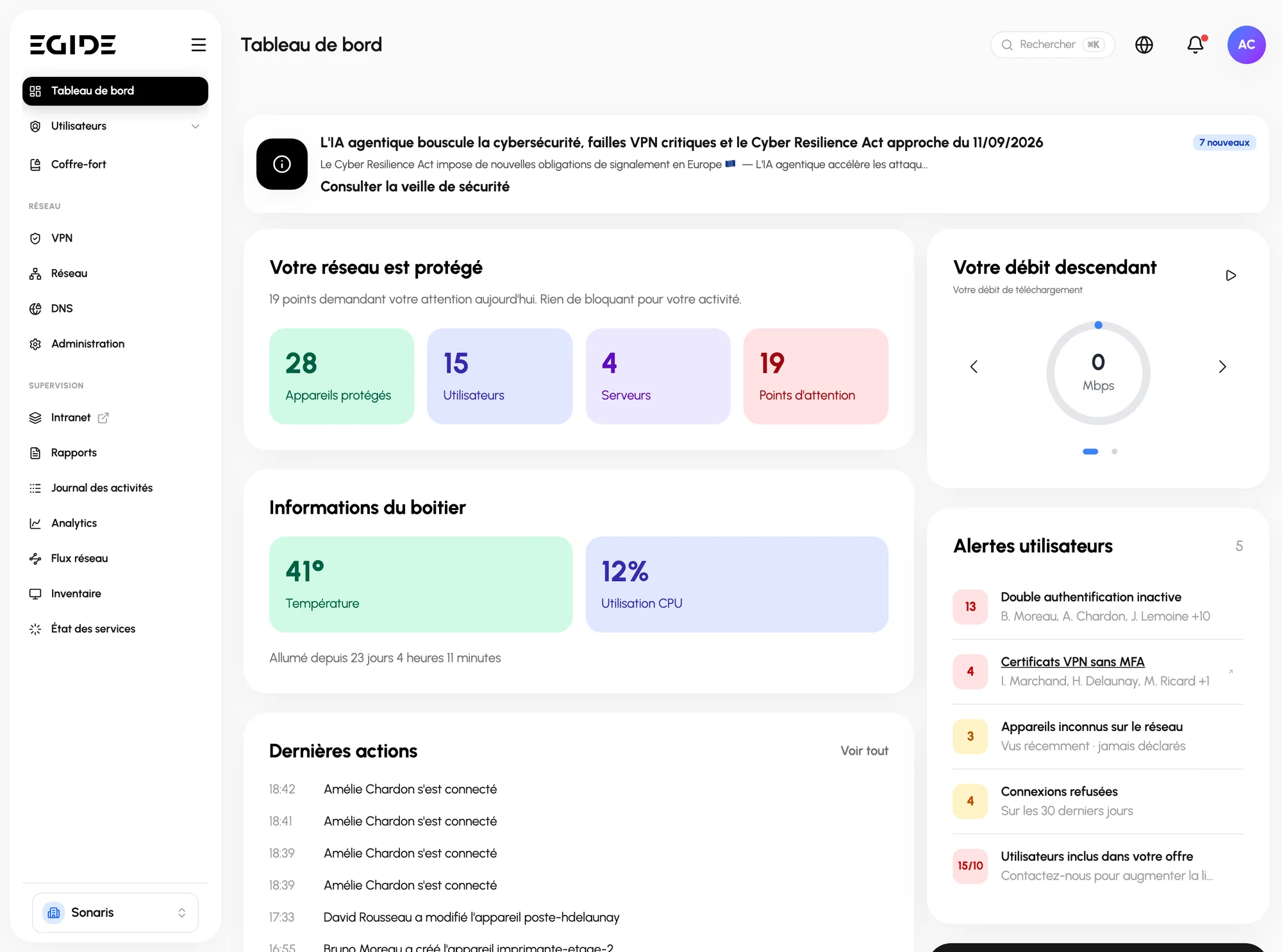 Tableau de bord unique Egide : appareils protégés, utilisateurs, serveurs et points d'attention