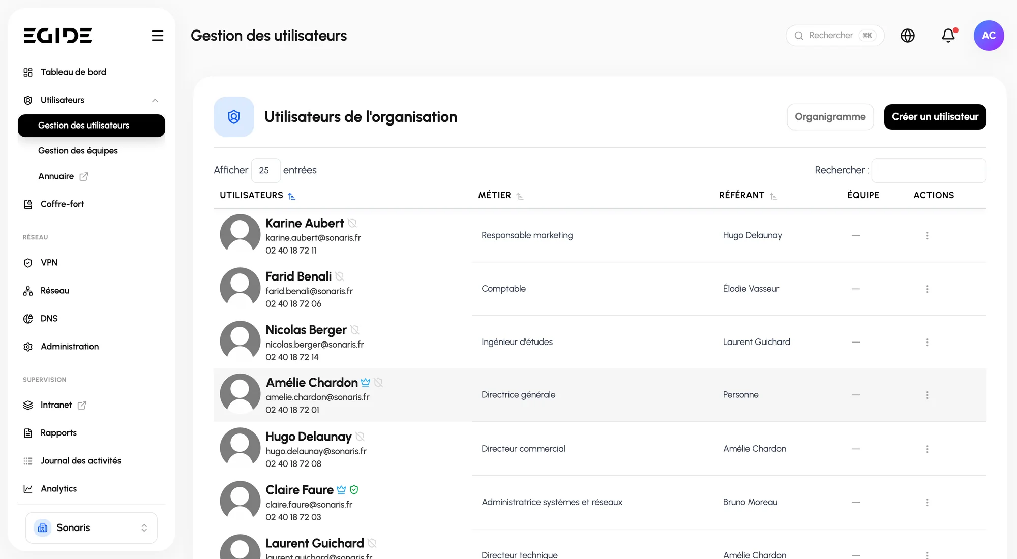 Gestion des comptes, portail Egide